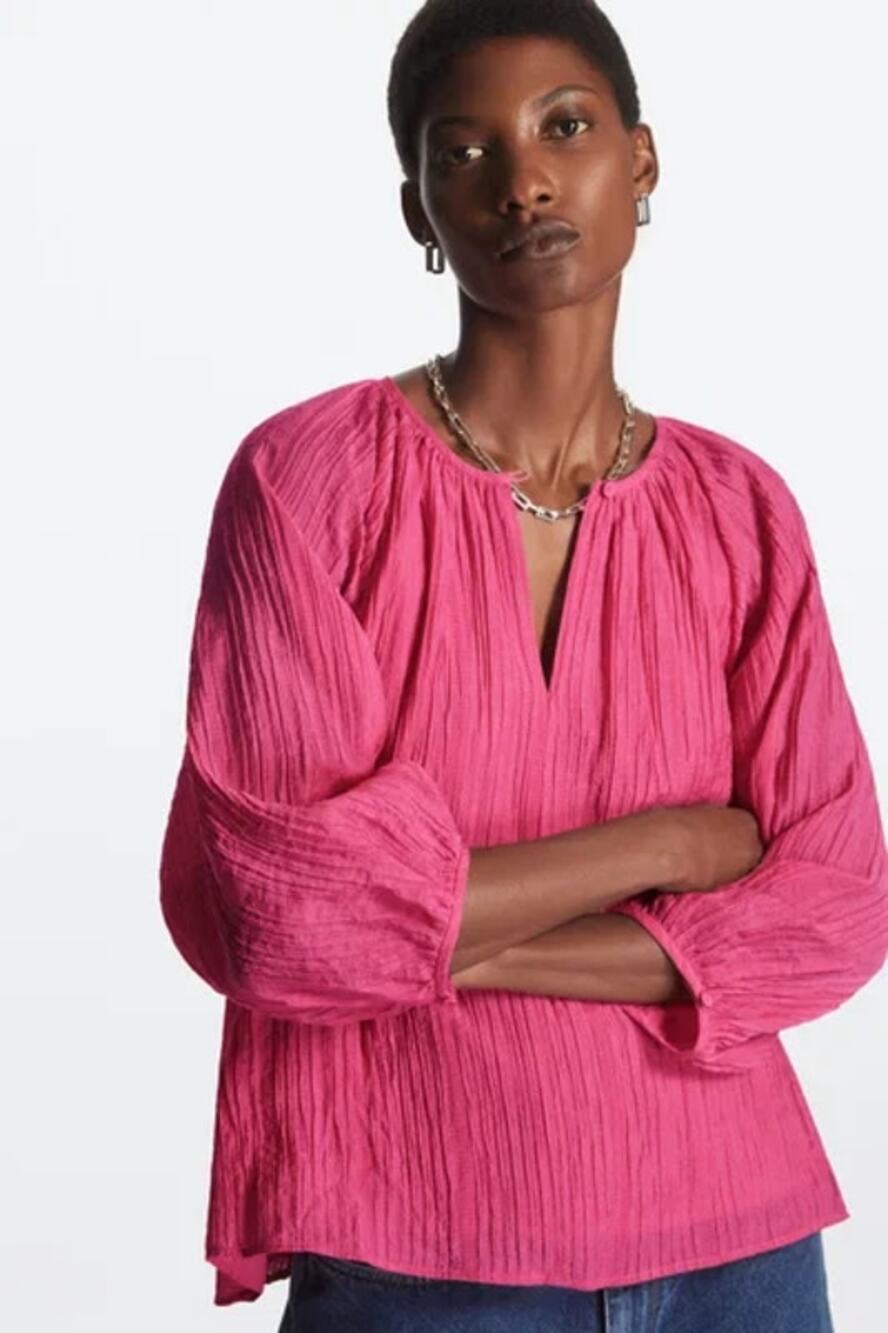 COS Puff-Sleeve Round Neck Seersucker Pleated Blouse Top Pink Women EU 38 (US 8)